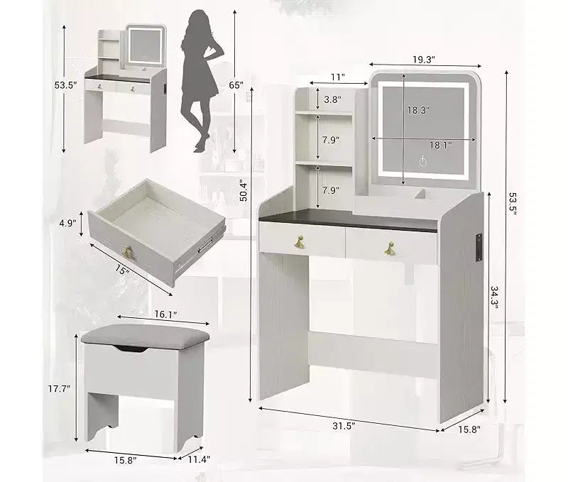 Coiffeuse avec miroir, petite coiffeuse de maquillage avec 2 tiroirs, coiffeuse pour filles femmes avec tabouret de rangement, chambre à coucher