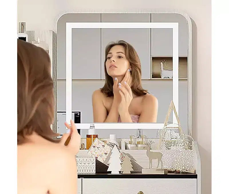 Coiffeuse avec miroir, petite coiffeuse de maquillage avec 2 tiroirs, coiffeuse pour filles femmes avec tabouret de rangement, chambre à coucher