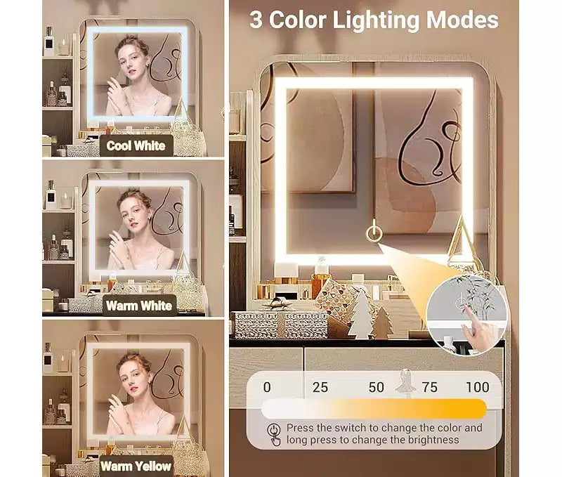 Coiffeuse avec miroir, petite coiffeuse de maquillage avec 2 tiroirs, coiffeuse pour filles femmes avec tabouret de rangement, chambre à coucher