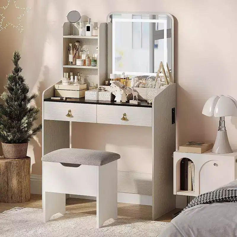 Coiffeuse avec miroir, petite coiffeuse de maquillage avec 2 tiroirs, coiffeuse pour filles femmes avec tabouret de rangement, chambre à coucher