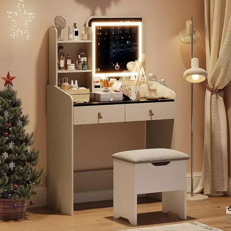 Coiffeuse avec miroir, petite coiffeuse de maquillage avec 2 tiroirs, coiffeuse pour filles femmes avec tabouret de rangement, chambre à coucher
