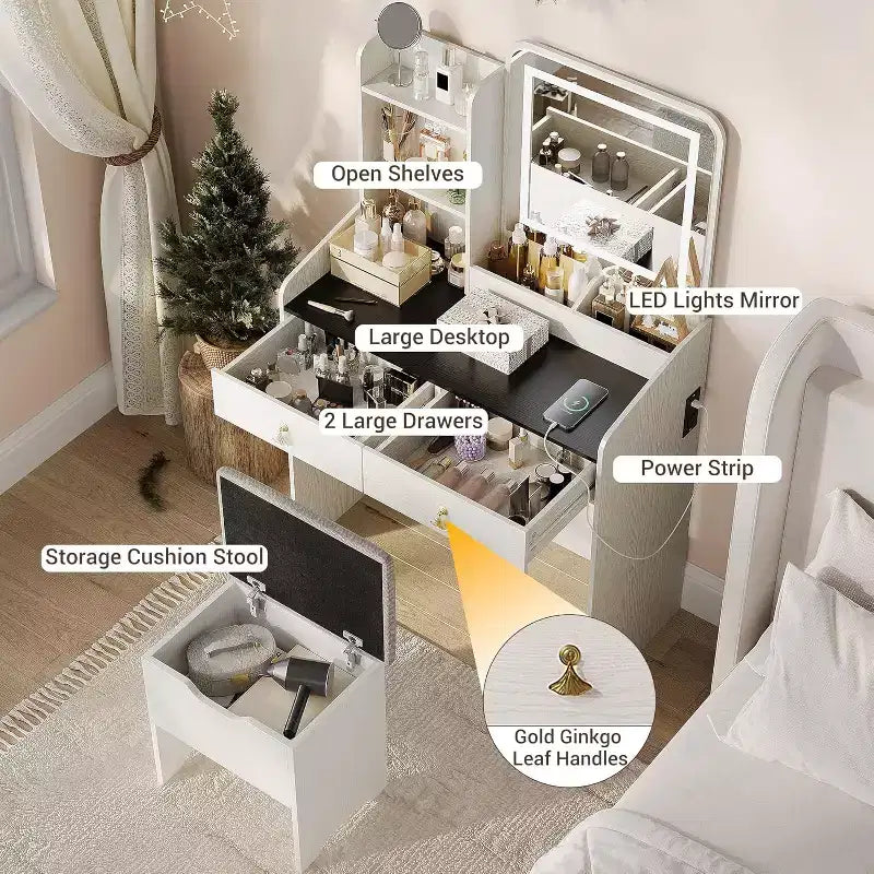 Coiffeuse avec miroir, petite coiffeuse de maquillage avec 2 tiroirs, coiffeuse pour filles femmes avec tabouret de rangement, chambre à coucher