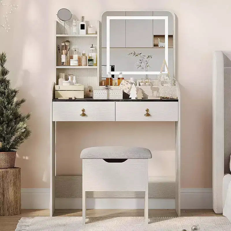 Coiffeuse avec miroir, petite coiffeuse de maquillage avec 2 tiroirs, coiffeuse pour filles femmes avec tabouret de rangement, chambre à coucher
