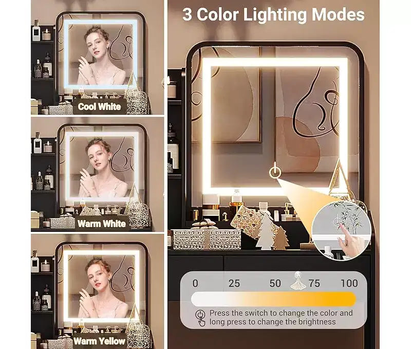 Coiffeuse avec miroir, petite coiffeuse de maquillage avec 2 tiroirs, coiffeuse pour filles femmes avec tabouret de rangement, chambre à coucher