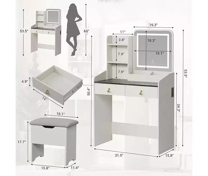 Coiffeuse avec miroir, petite coiffeuse de maquillage avec 2 tiroirs, coiffeuse pour filles femmes avec tabouret de rangement, chambre à coucher