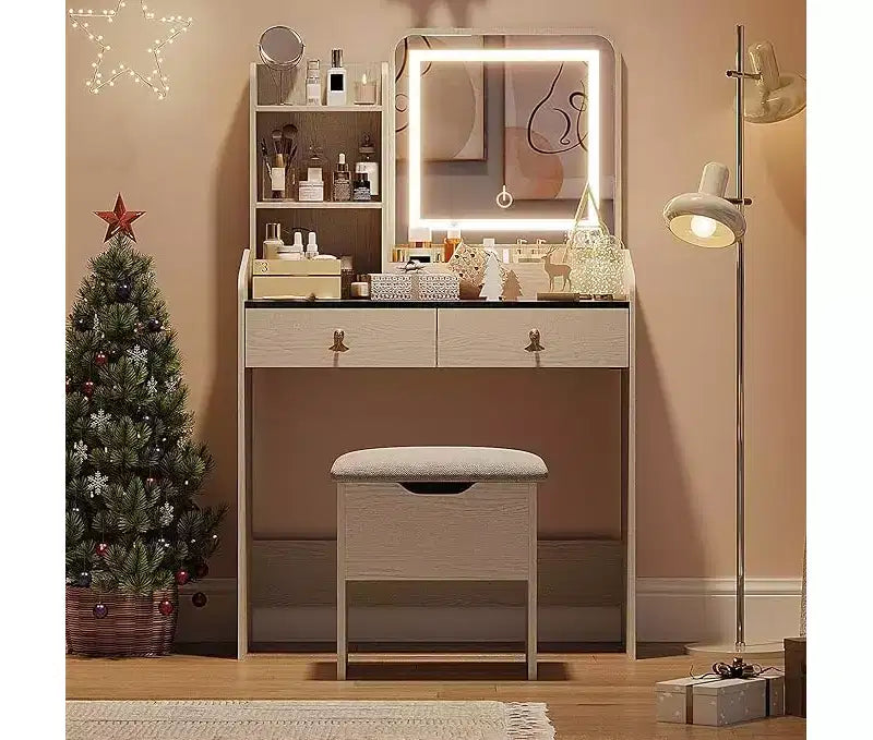 Coiffeuse avec miroir, petite coiffeuse de maquillage avec 2 tiroirs, coiffeuse pour filles femmes avec tabouret de rangement, chambre à coucher