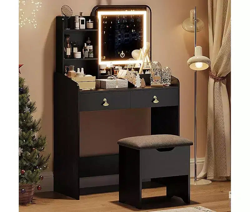 Coiffeuse avec miroir, petite coiffeuse de maquillage avec 2 tiroirs, coiffeuse pour filles femmes avec tabouret de rangement, chambre à coucher