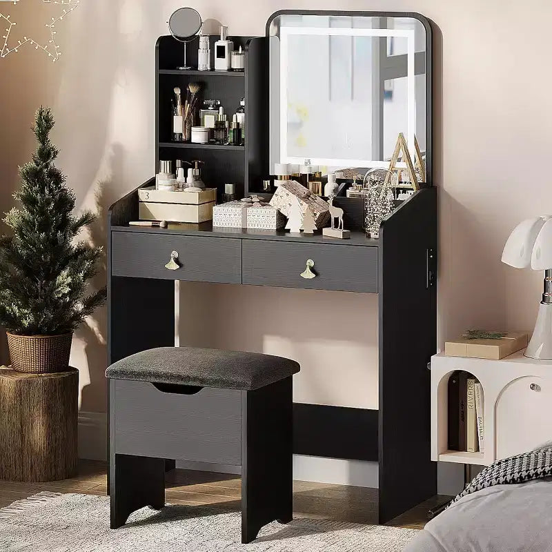 Coiffeuse avec miroir, petite coiffeuse de maquillage avec 2 tiroirs, coiffeuse pour filles femmes avec tabouret de rangement, chambre à coucher