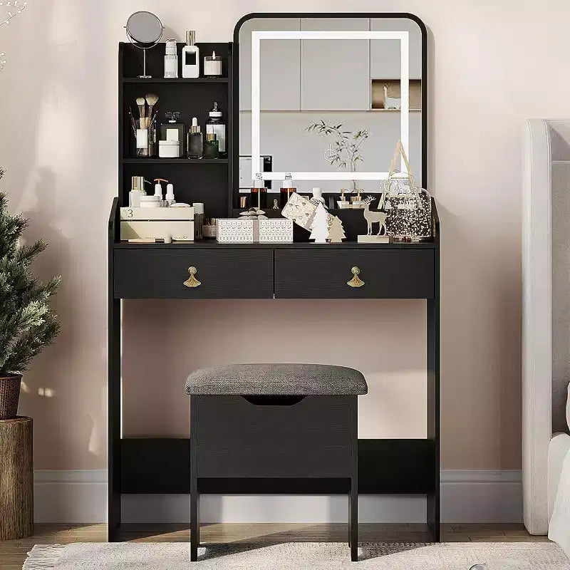 Coiffeuse avec miroir, petite coiffeuse de maquillage avec 2 tiroirs, coiffeuse pour filles femmes avec tabouret de rangement, chambre à coucher