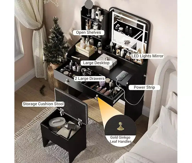 Coiffeuse avec miroir, petite coiffeuse de maquillage avec 2 tiroirs, coiffeuse pour filles femmes avec tabouret de rangement, chambre à coucher