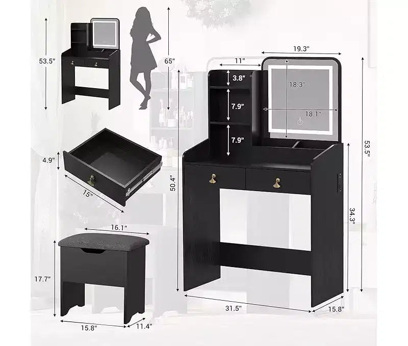 Coiffeuse avec miroir, petite coiffeuse de maquillage avec 2 tiroirs, coiffeuse pour filles femmes avec tabouret de rangement, chambre à coucher