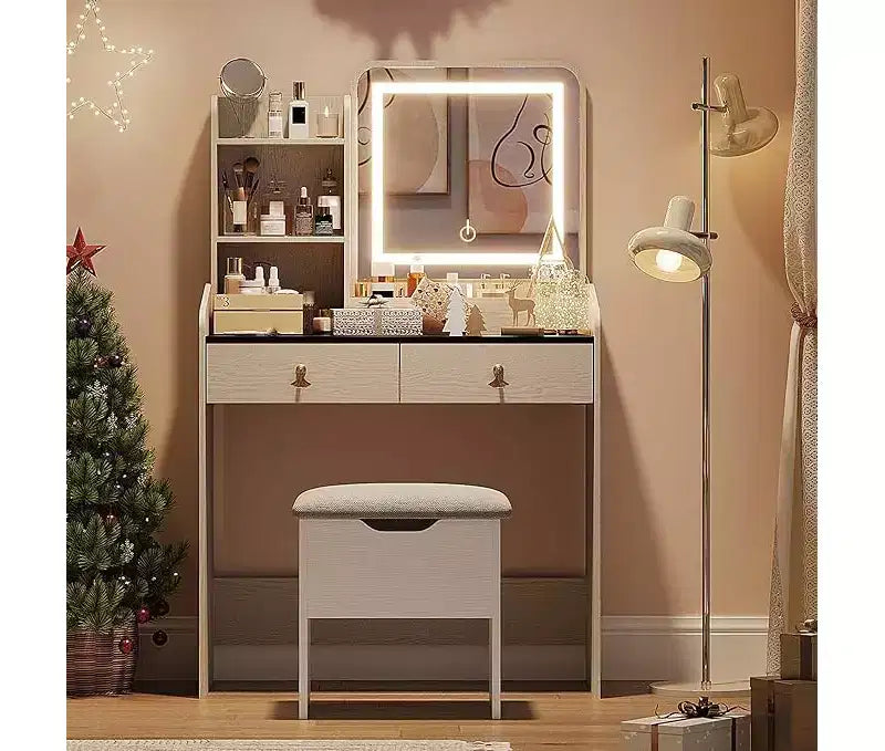 Coiffeuse avec miroir, petite coiffeuse de maquillage avec 2 tiroirs, coiffeuse pour filles femmes avec tabouret de rangement, chambre à coucher