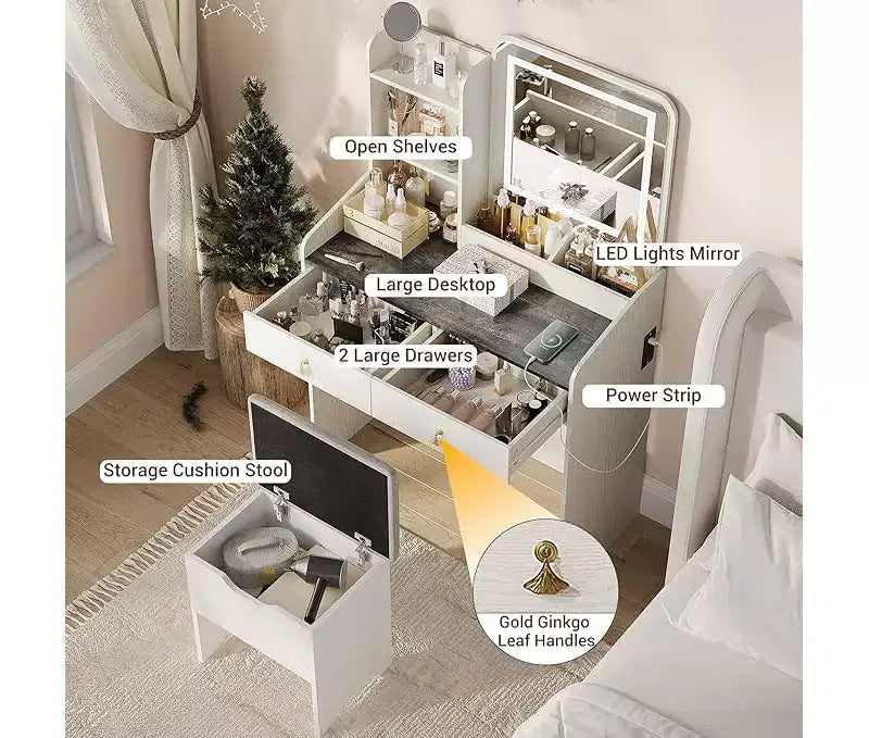 Coiffeuse avec miroir, petite coiffeuse de maquillage avec 2 tiroirs, coiffeuse pour filles femmes avec tabouret de rangement, chambre à coucher