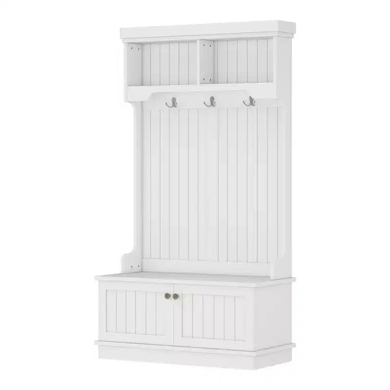 Porte-manteau moderne avec banc à chaussures de rangement, portant autoportant avec 3 crochets et 2 étagères, rangement d'entrée pour salon, blanc