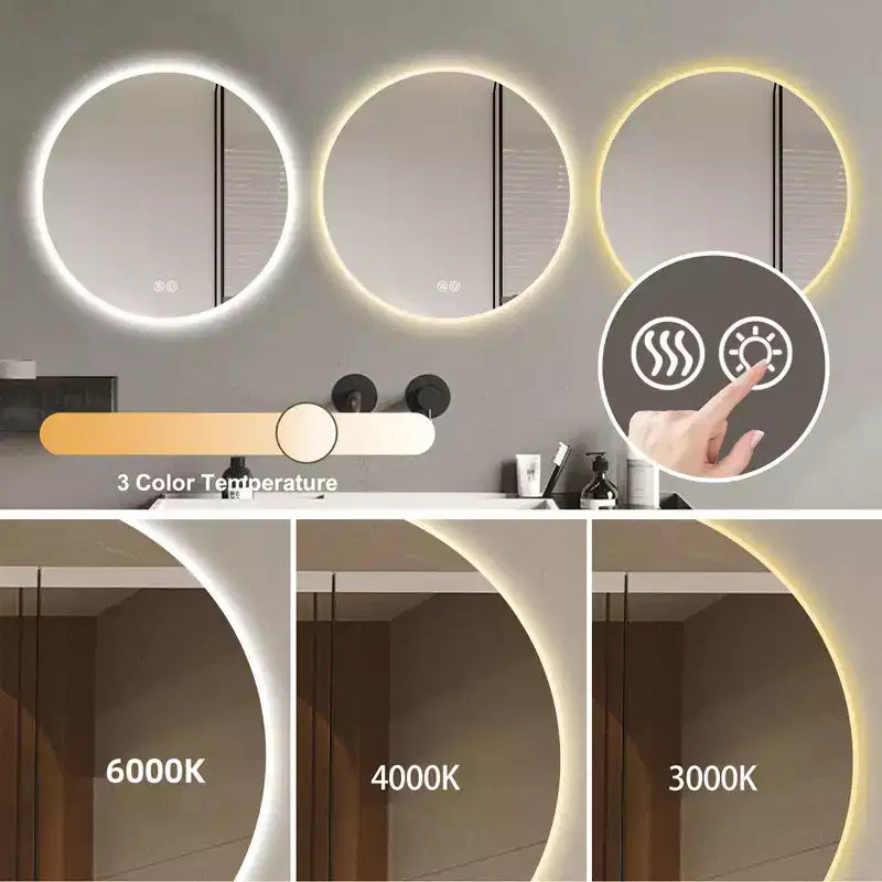 Miroir de courtoisie mural rond de 24 pouces avec éclairage DEL, fonction anti-buée, température de couleur réglable et intensité variable
