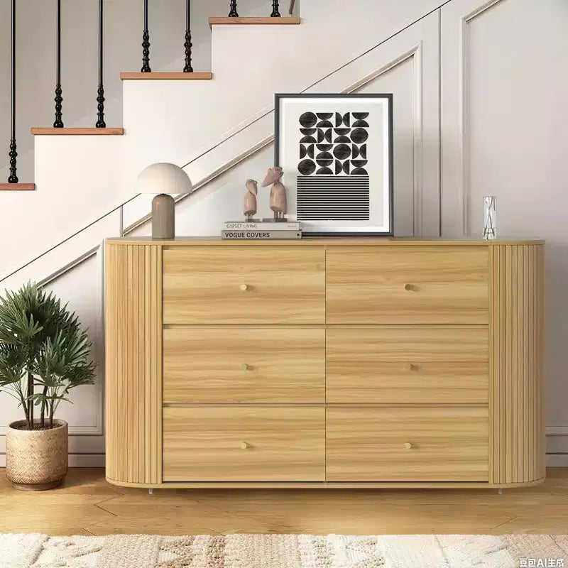 Commode en bois de style Mid-Century avec 6 tiroirs et 2 portes coulissantes, buffet de rangement cannelé en chêne