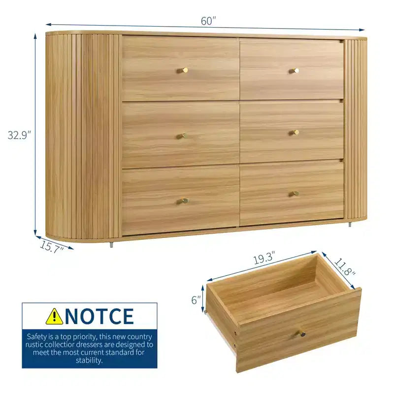 Commode en bois de style Mid-Century avec 6 tiroirs et 2 portes coulissantes, buffet de rangement cannelé en chêne