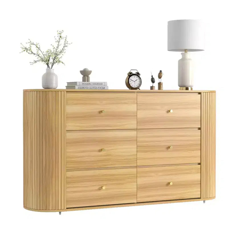 Commode en bois de style Mid-Century avec 6 tiroirs et 2 portes coulissantes, buffet de rangement cannelé en chêne