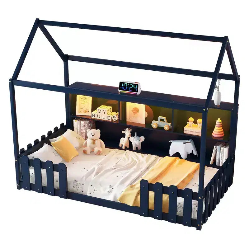 Bellemave Twin Size House Bed with LED Light, Wood House Bed with Storage Bookshelf, Floor House Bed with Guardrails for Kids, Navy Blue