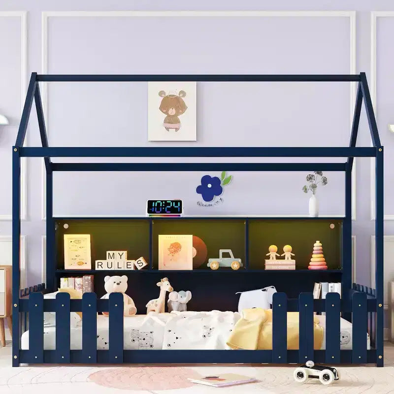 Lit cabane double avec lumière LED, lit cabane en bois avec étagère de rangement, lit cabane au sol avec barrières pour enfants, bleu marine