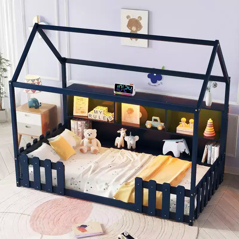 Lit cabane double avec lumière LED, lit cabane en bois avec étagère de rangement, lit cabane au sol avec barrières pour enfants, bleu marine