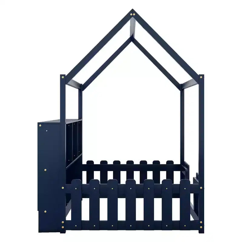 Lit cabane double avec lumière LED, lit cabane en bois avec étagère de rangement, lit cabane au sol avec barrières pour enfants, bleu marine