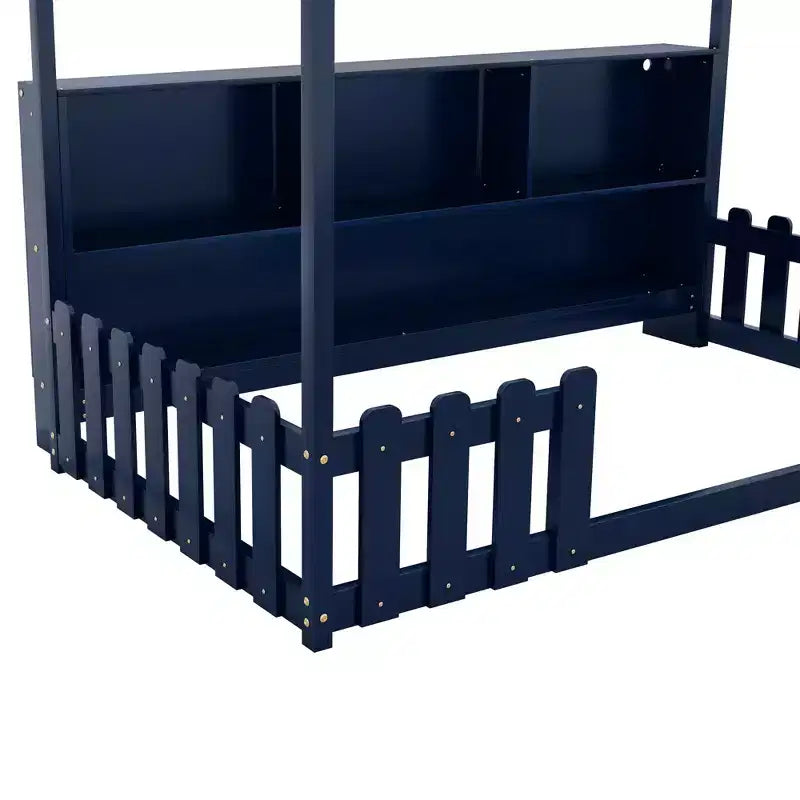 Lit cabane double avec lumière LED, lit cabane en bois avec étagère de rangement, lit cabane au sol avec barrières pour enfants, bleu marine