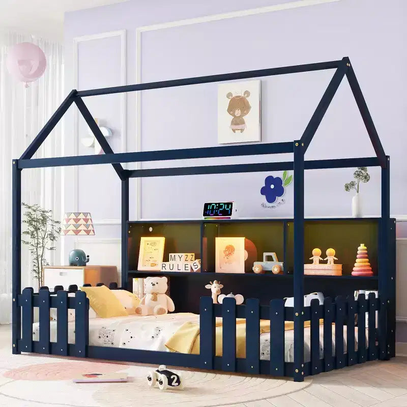 Lit cabane double avec lumière LED, lit cabane en bois avec étagère de rangement, lit cabane au sol avec barrières pour enfants, bleu marine