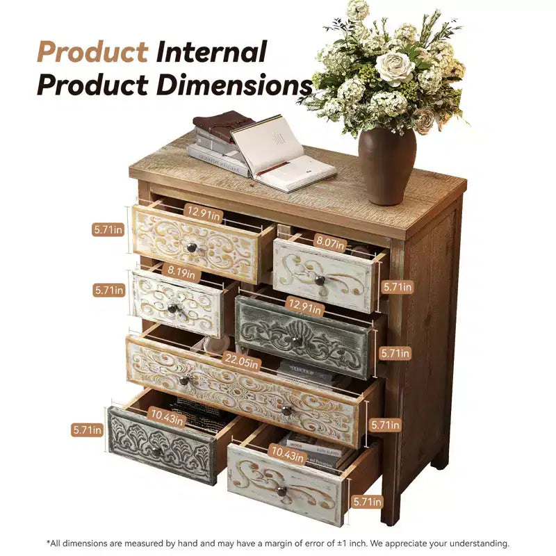 Commode de rangement en bois à 7 tiroirs avec motifs sculptés multicolores