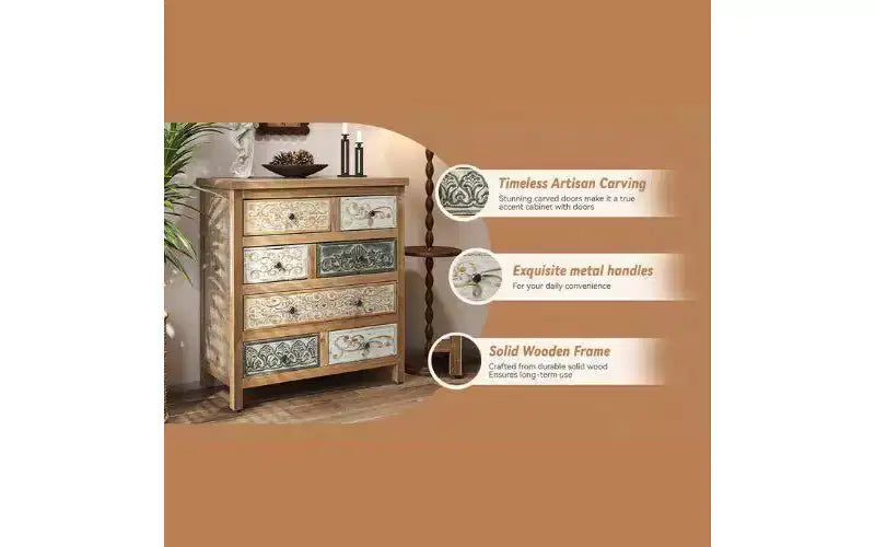 Commode de rangement en bois à 7 tiroirs avec motifs sculptés multicolores