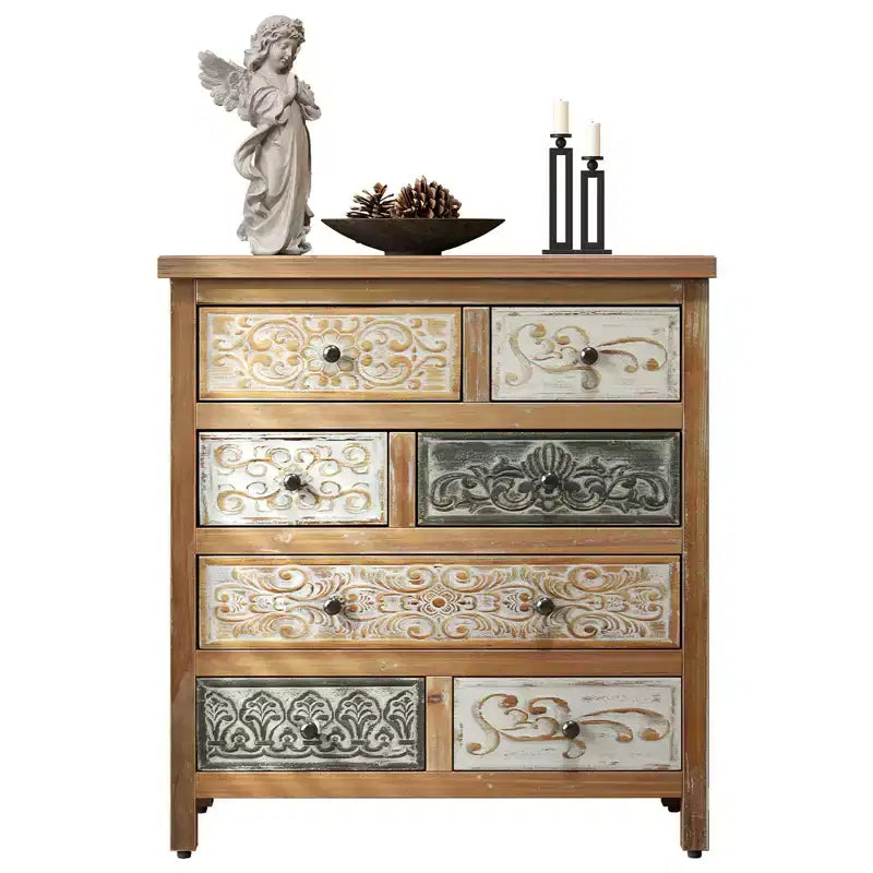Commode de rangement en bois à 7 tiroirs avec motifs sculptés multicolores
