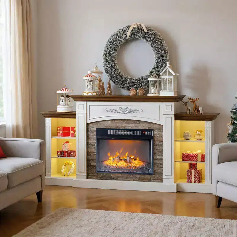 Farmhouse 70'' TV Stand For Tvs Up To 80'' With Electric Fireplace And Adjustable Shelves
