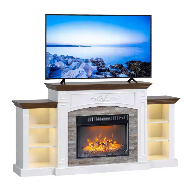 Meuble TV de ferme 70 pouces pour téléviseurs jusqu'à 80 pouces avec cheminée électrique et étagères réglables