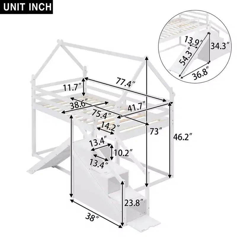 Lit superposé cabane jumeau sur jumeau ou lit mezzanine avec toboggan et escalier de rangement, cadre de lit superposé en bois massif pour enfants, blanc