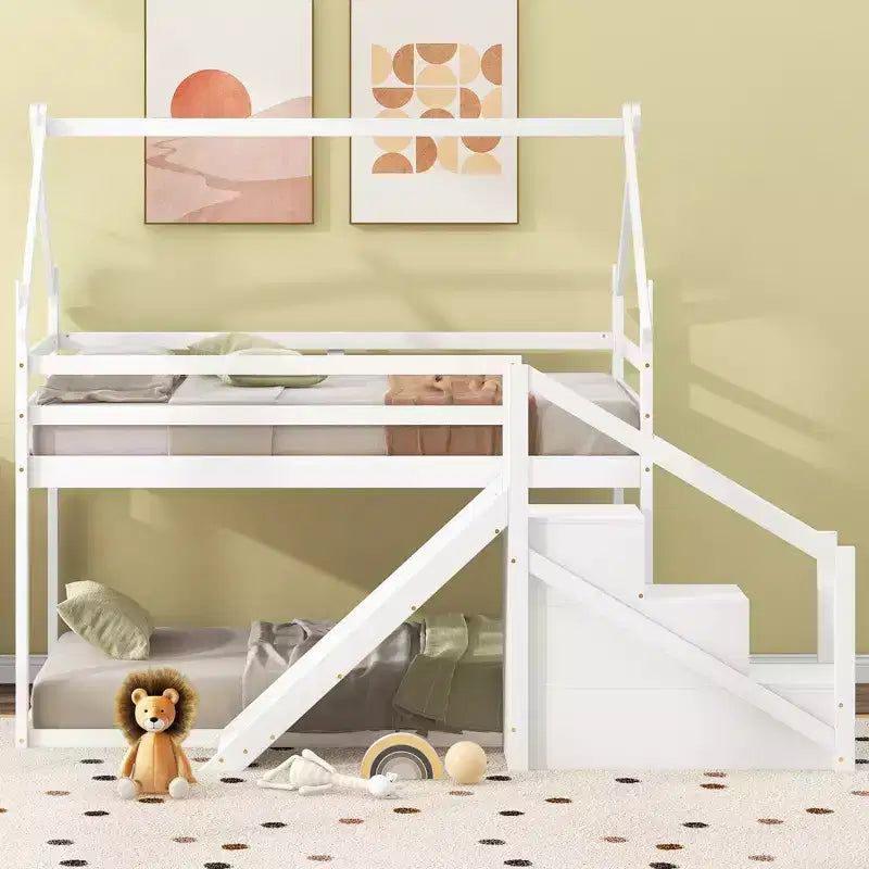 Lit superposé cabane jumeau sur jumeau ou lit mezzanine avec toboggan et escalier de rangement, cadre de lit superposé en bois massif pour enfants, blanc