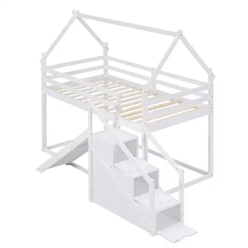 Lit superposé cabane jumeau sur jumeau ou lit mezzanine avec toboggan et escalier de rangement, cadre de lit superposé en bois massif pour enfants, blanc