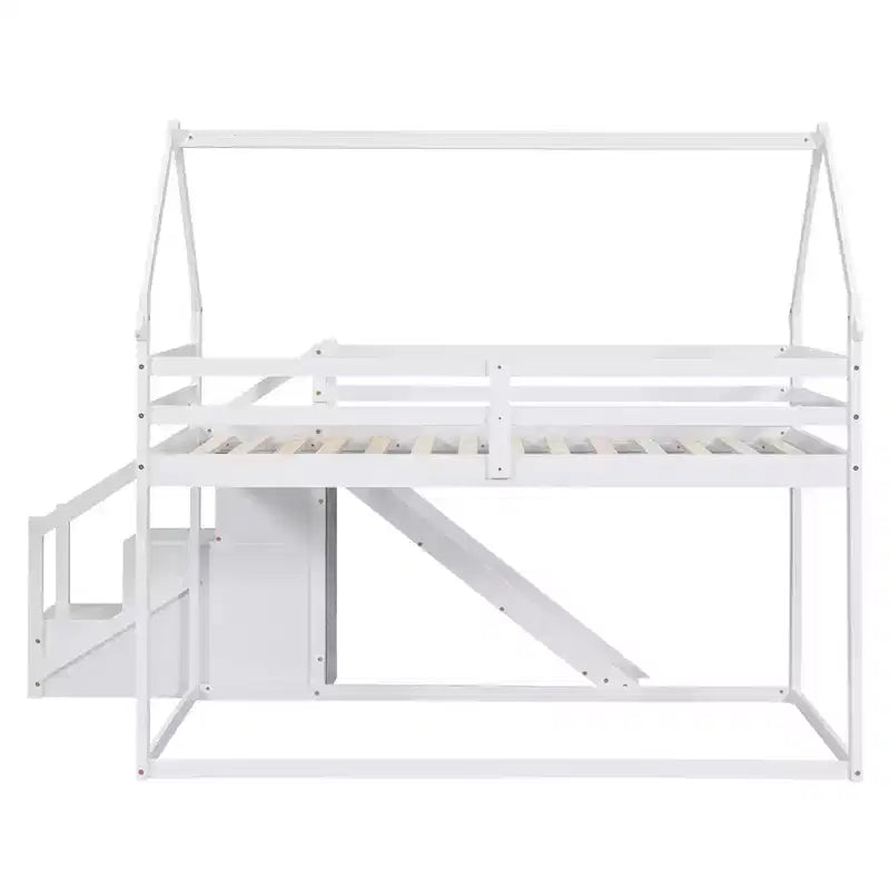 Lit superposé cabane jumeau sur jumeau ou lit mezzanine avec toboggan et escalier de rangement, cadre de lit superposé en bois massif pour enfants, blanc