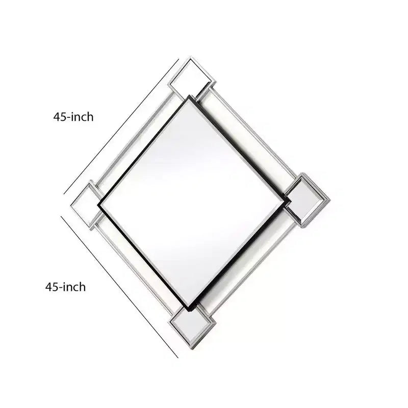 Miroir mural décoratif biseauté en forme de losange avec inserts de miroir, argenté