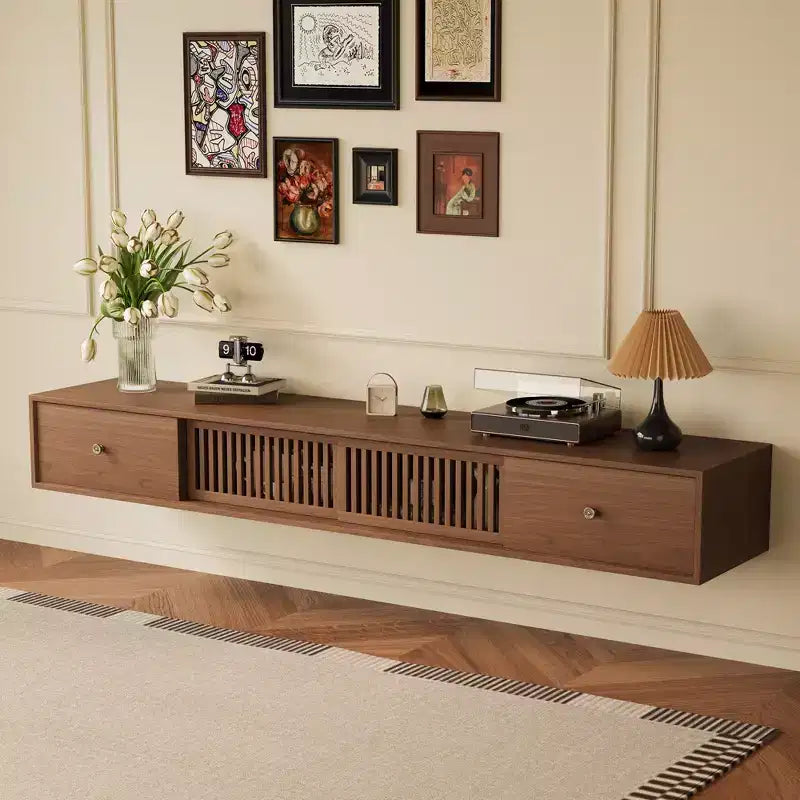 Luck Live Modern Wall-Mounted TV Stand, 78.7 Large Floating TV Console with Grid Sliding Doors & Double Drawers for Storage