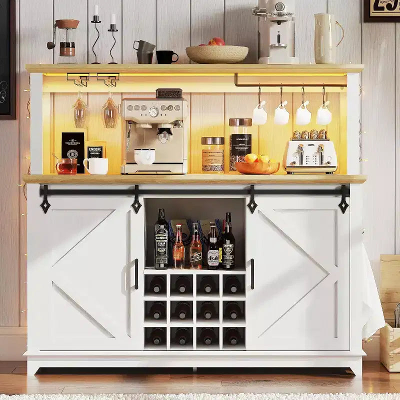 Meuble de bar à café 55, Grand buffet de cuisine, Buffet haut avec porte coulissante style grange, Porte-verres à vin et grand espace de rangement pour la salle à manger