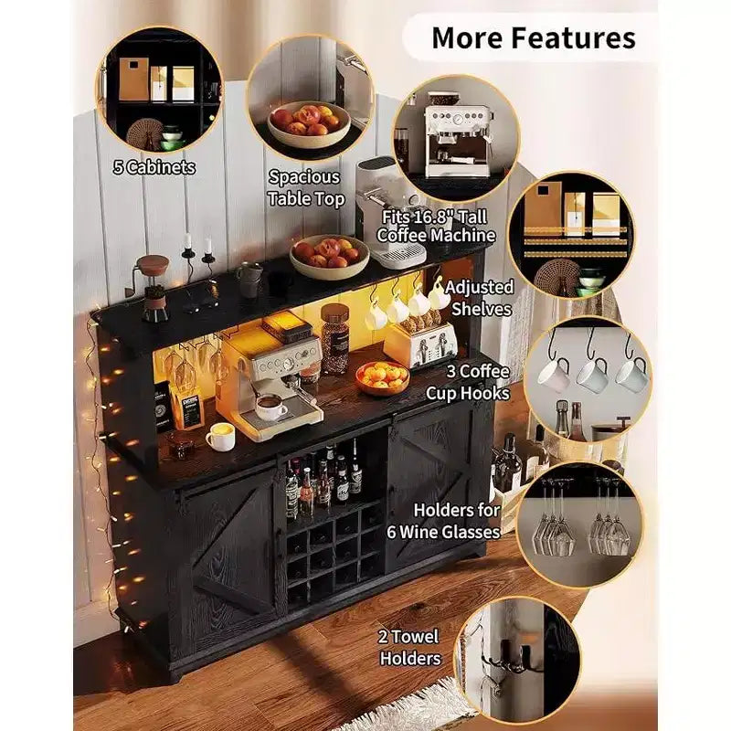 Meuble de bar à café 55, Grand buffet de cuisine, Buffet haut avec porte coulissante style grange, Porte-verres à vin et grand espace de rangement pour la salle à manger