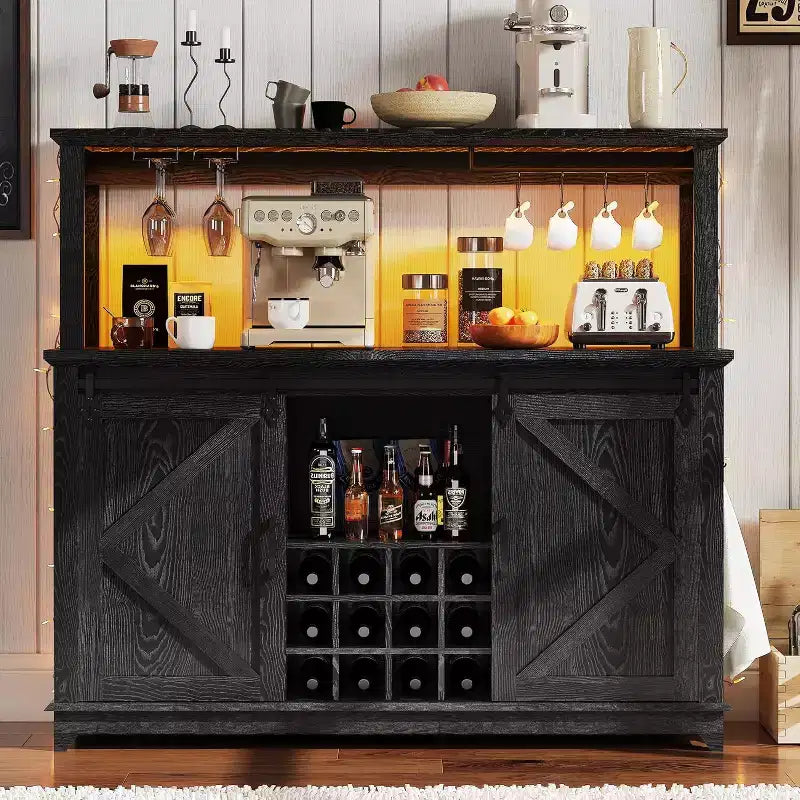 Meuble de bar à café 55, Grand buffet de cuisine, Buffet haut avec porte coulissante style grange, Porte-verres à vin et grand espace de rangement pour la salle à manger