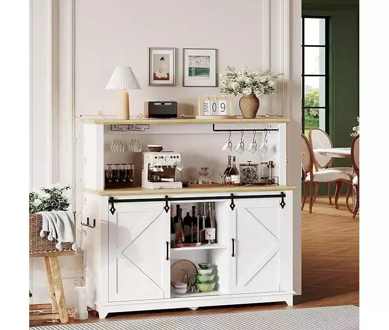 Meuble de bar à café 55, Grand buffet de cuisine, Buffet haut avec porte coulissante style grange, Porte-verres à vin et grand espace de rangement pour la salle à manger