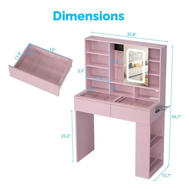 Coiffeuse blanche avec 2 tiroirs, 3 compartiments, étagère à 3 niveaux gauche-droite, plateau en verre et rangement latéral intégré