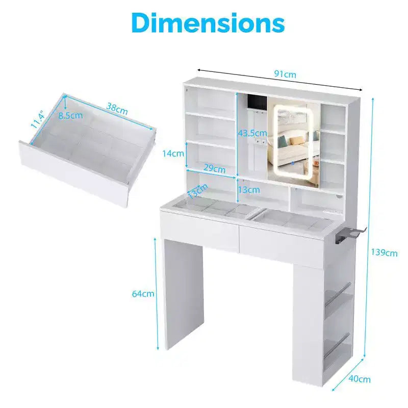 Coiffeuse blanche avec 2 tiroirs, 3 compartiments, étagère à 3 niveaux gauche-droite, plateau en verre et rangement latéral intégré