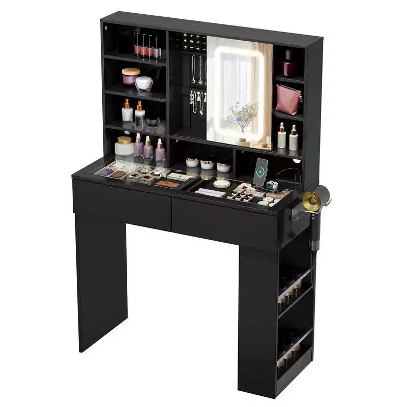 Coiffeuse blanche avec 2 tiroirs, 3 compartiments, étagère à 3 niveaux gauche-droite, plateau en verre et rangement latéral intégré