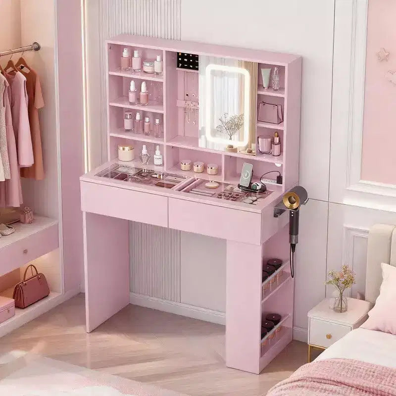 Coiffeuse blanche avec 2 tiroirs, 3 compartiments, étagère à 3 niveaux gauche-droite, plateau en verre et rangement latéral intégré