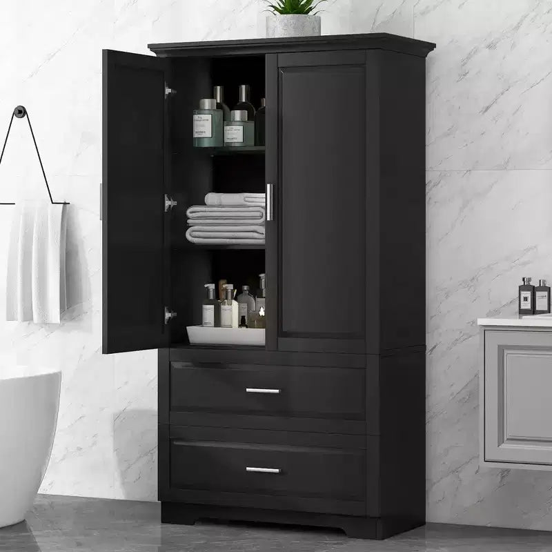 Meuble Haut de Salle de Bain 2 Portes Tiroirs Étagère Réglable MDF Noir