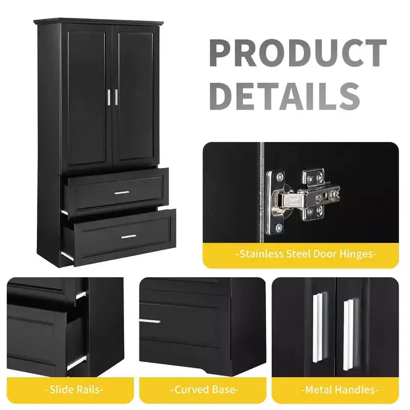 Meuble Haut de Salle de Bain 2 Portes Tiroirs Étagère Réglable MDF Noir