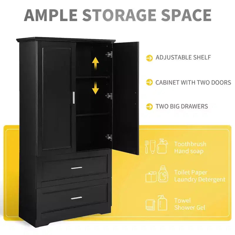 Meuble Haut de Salle de Bain 2 Portes Tiroirs Étagère Réglable MDF Noir
